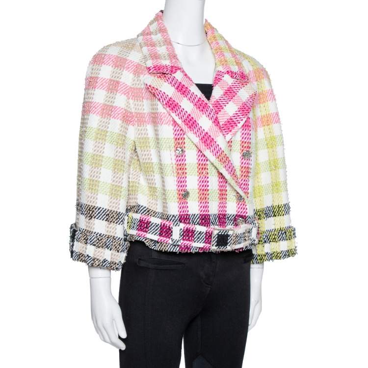 Pre Owned Chanel Multicolor Checked Tweed Cropped Belted Jacket L