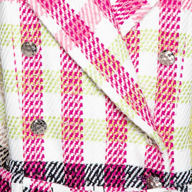 Pre Owned Chanel Multicolor Checked Tweed Cropped Belted Jacket L