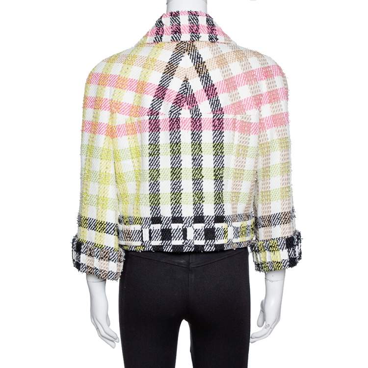 Pre Owned Chanel Multicolor Checked Tweed Cropped Belted Jacket L