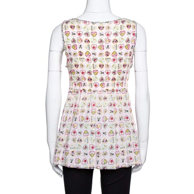 Pre Owned Chanel Pink Valentine Print Ribbed Cotton Sleeveless Top L