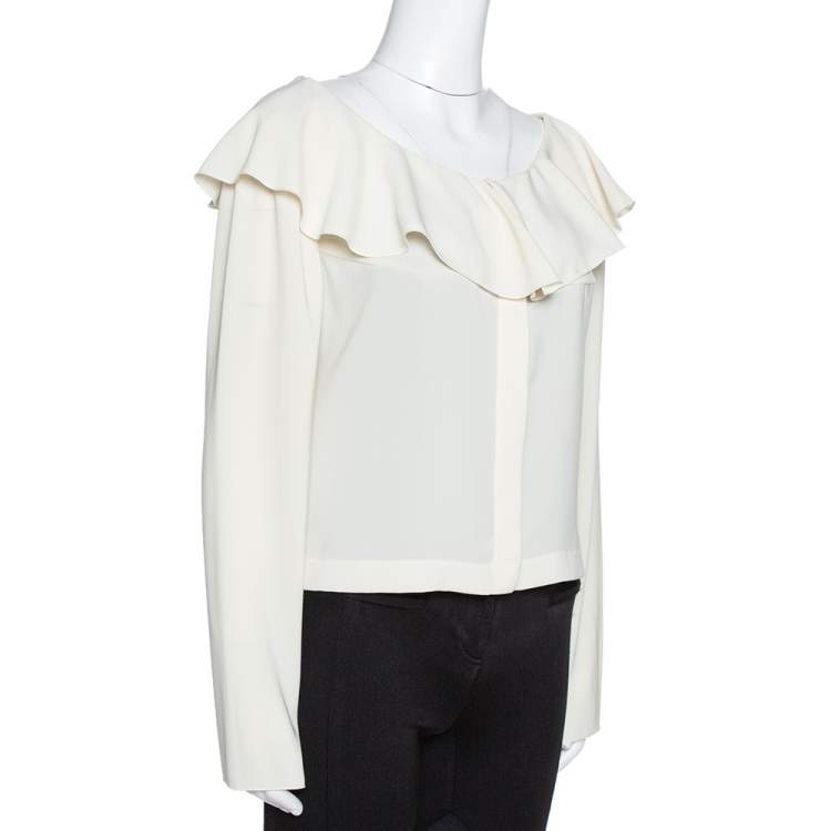 Pre Owned Chanel Cream Ruffled Button Front Cropped Blouse L