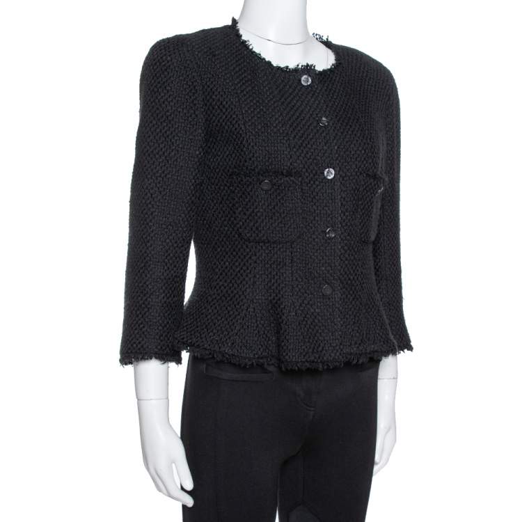 Pre Owned Chanel Black Silk & Cotton Fringed Button Front Jacket L
