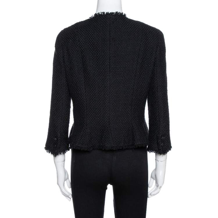 Pre Owned Chanel Black Silk & Cotton Fringed Button Front Jacket L