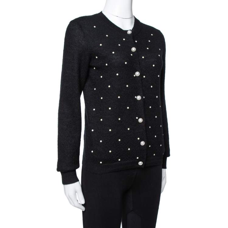 Pre Owned  Chanel Black Bead Embellished Mohair Button Front Cardigan M