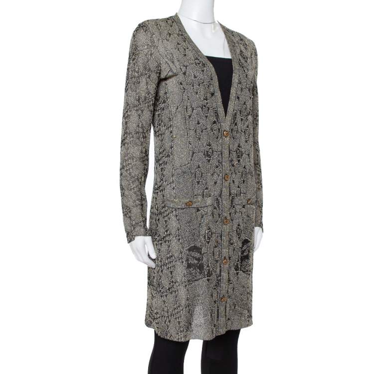 Pre Owned Chanel Black Lurex Jacquard Knit Button Front Cardigan S