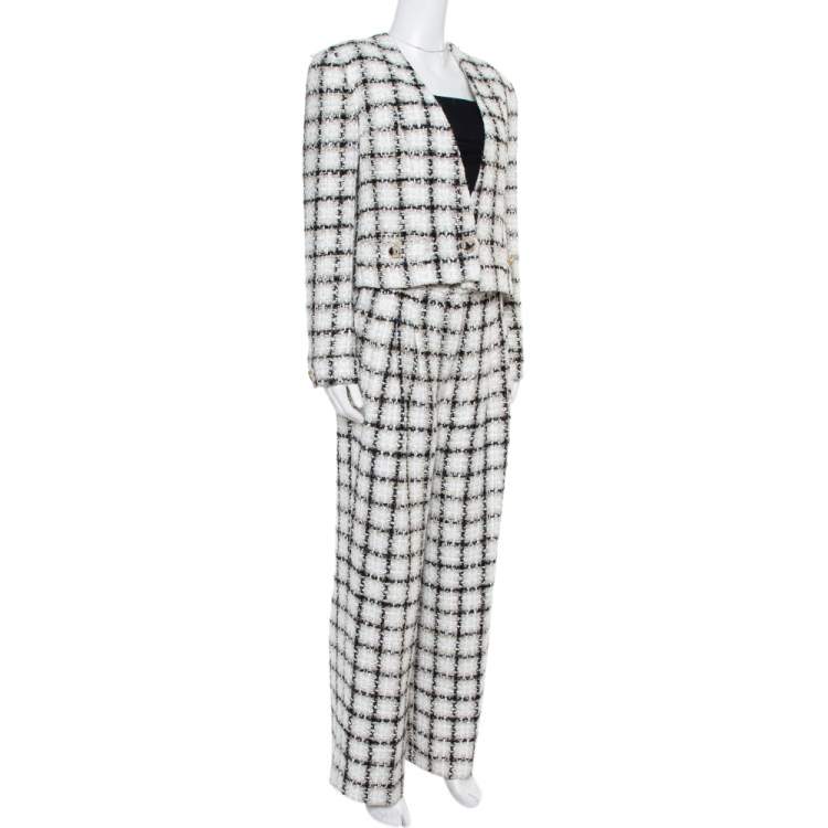 Pre Owned Chanel White Checked Tweed Wide Leg Trouser Suit M