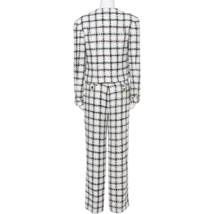 Pre Owned Chanel White Checked Tweed Wide Leg Trouser Suit M