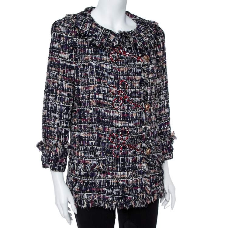 Pre Owned Chanel Navy Blue Tweed Embellished Closure Detail Jacket L