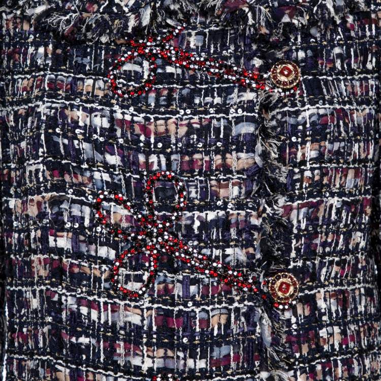 Pre Owned Chanel Navy Blue Tweed Embellished Closure Detail Jacket L