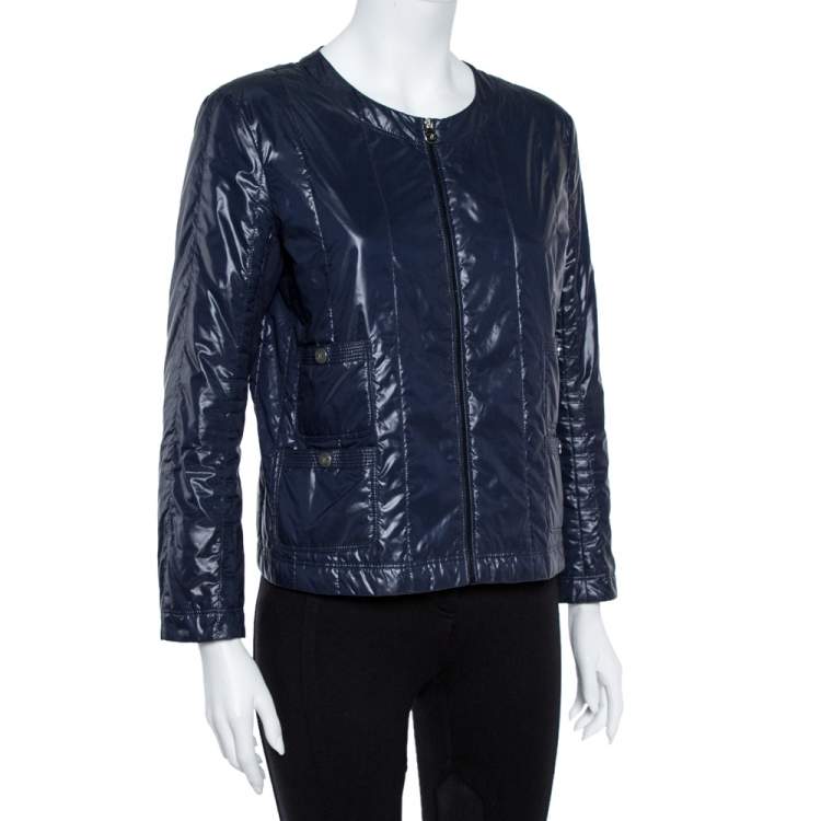 Pre Owned Chanel Navy Blue Quilted Zip Front Jacket L