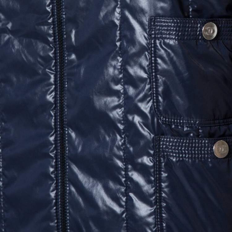 Pre Owned Chanel Navy Blue Quilted Zip Front Jacket L