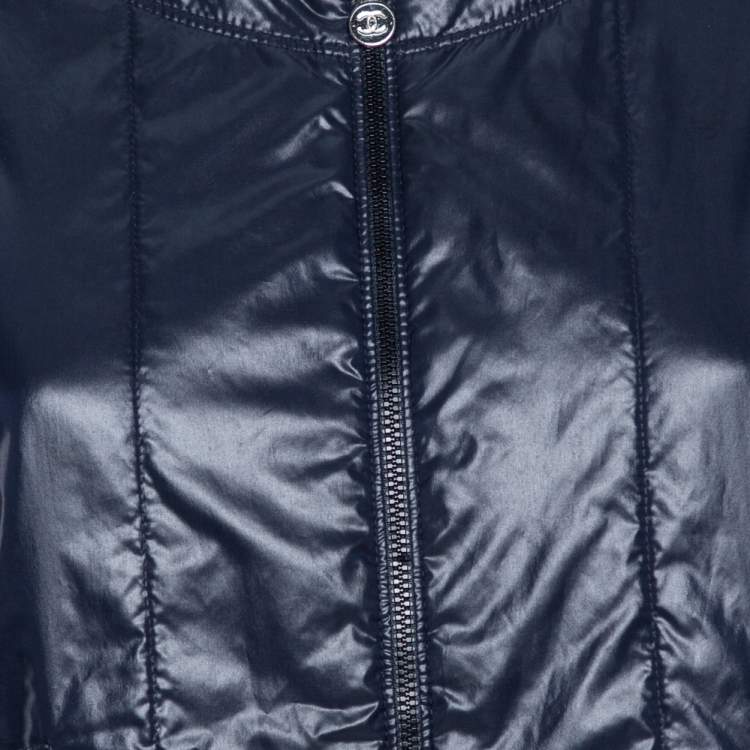 Pre Owned Chanel Navy Blue Quilted Zip Front Jacket L