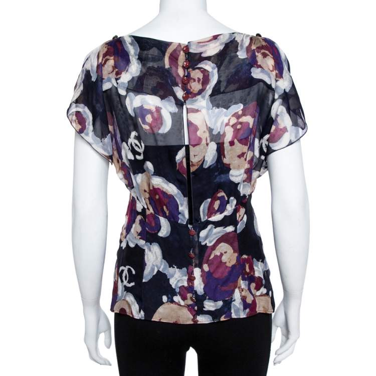 Pre Owned Chanel Navy Blue Camellia Print Silk Smocked Sheer Blouse L