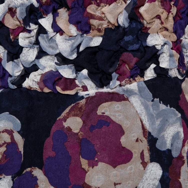 Pre Owned Chanel Navy Blue Camellia Print Silk Smocked Sheer Blouse L