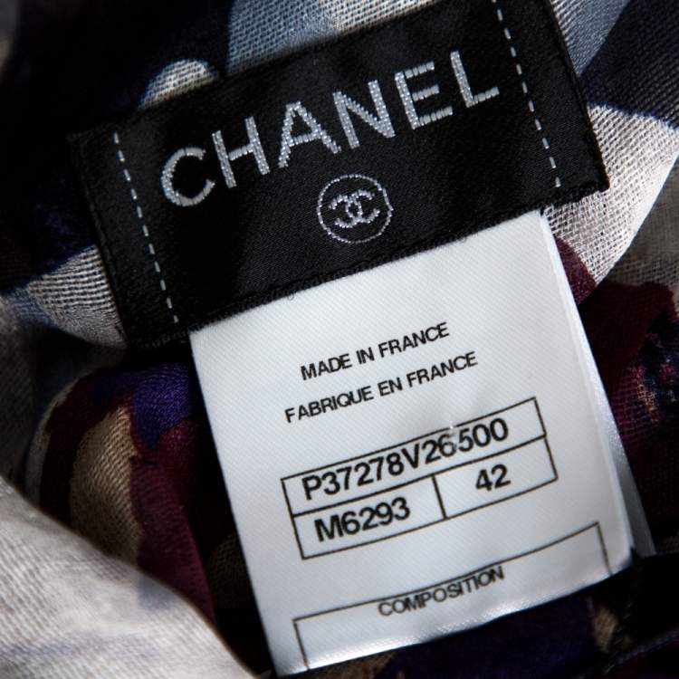 Pre Owned Chanel Navy Blue Camellia Print Silk Smocked Sheer Blouse L