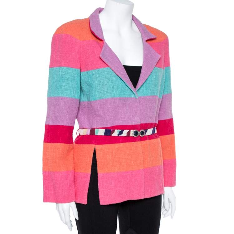 Pre Owned Chanel Multicolor Stripe Cotton Tweed Belted Blazer L
