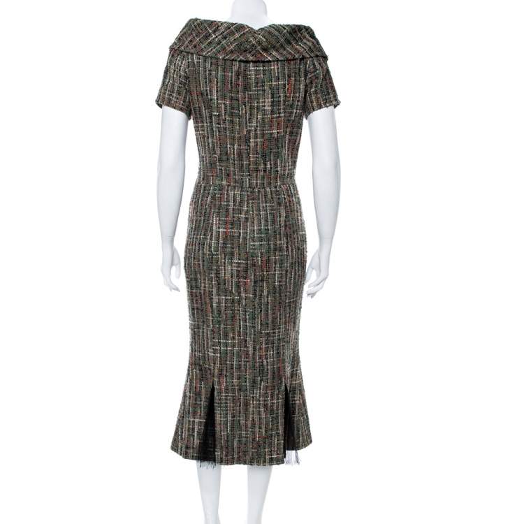 Pre Owned Chanel Green Double Breasted Tweed Midi Dress S