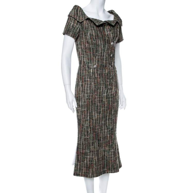 Pre Owned Chanel Green Double Breasted Tweed Midi Dress S