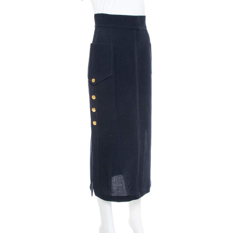 Pre Owned Chanel Vintage Navy Blue Wool Midi Skirt M