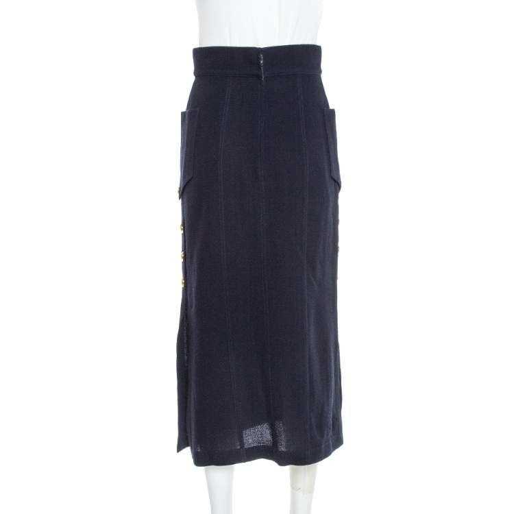 Pre Owned Chanel Vintage Navy Blue Wool Midi Skirt M