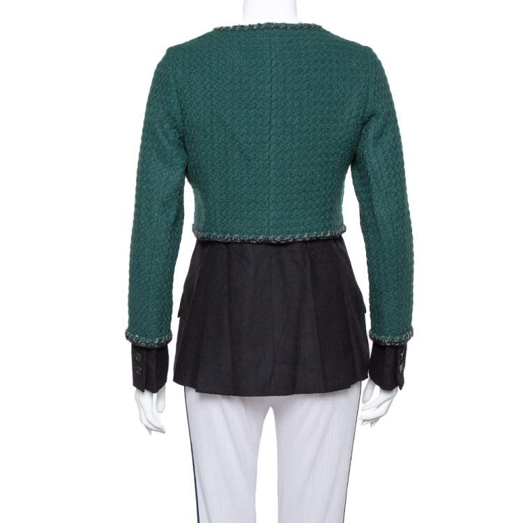Pre Owned Chanel Green & Black Tweed Double Layer Jacket S