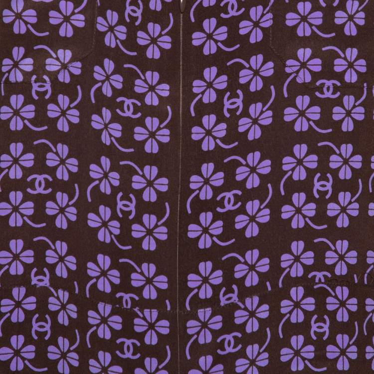 Pre Owned Chanel Brown Logo & Floral Printed Silk Zipper Front Blouse L