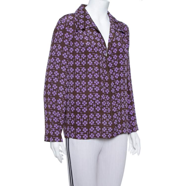 Pre Owned Chanel Brown Logo & Floral Printed Silk Zipper Front Blouse L