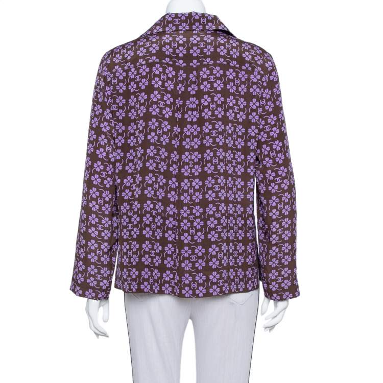 Pre Owned Chanel Brown Logo & Floral Printed Silk Zipper Front Blouse L
