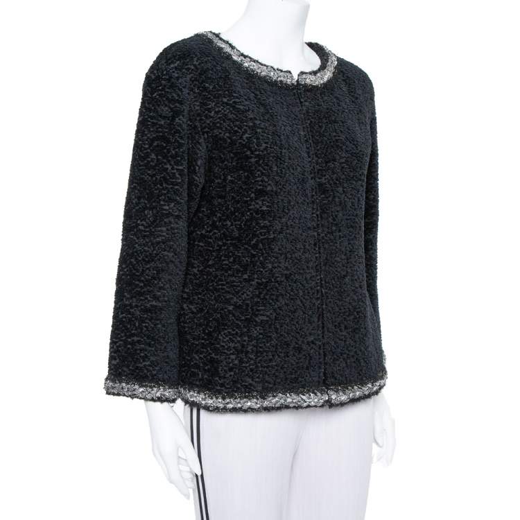مملوكة مسبقًا Chanel Black Textured Silk Embellished Detail Zip Front Jacket M