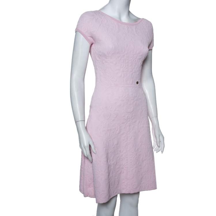 Chanel Pink Embossed Jacquard Knit Drop Waist Dress S Chanel