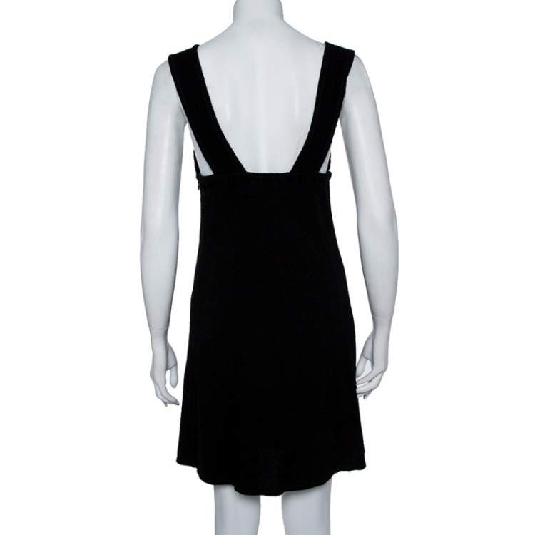 Pre Owned Chanel Black Textured Wool Plunge Neck Sleeveless Dress S