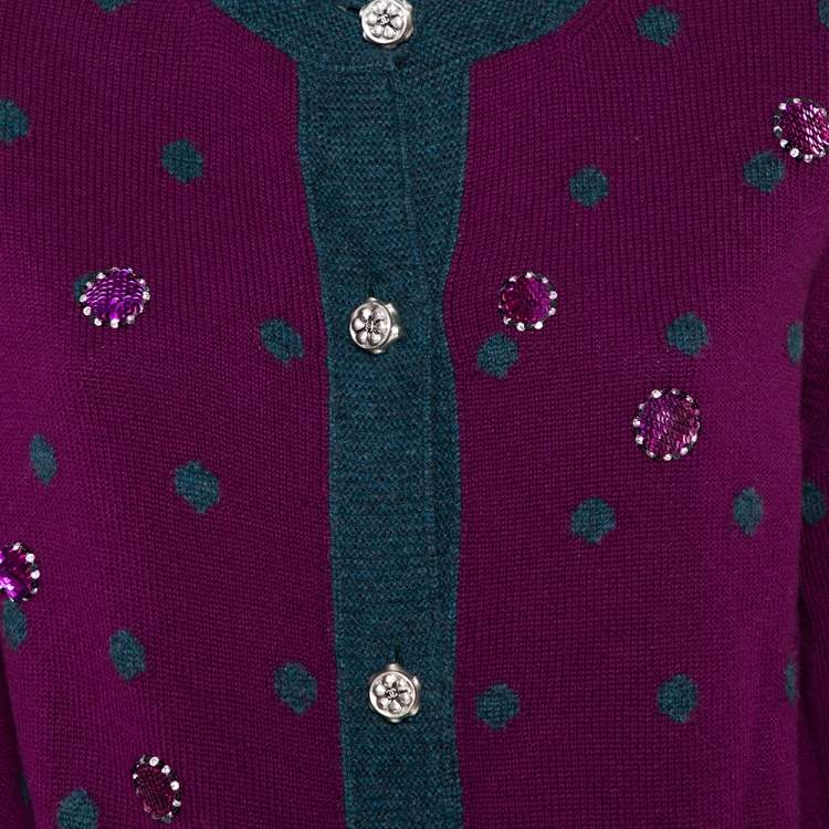 Pre Owned Chanel Purple Cashmere Polka Dot & Sequin Embellished Button Front Cardigan M