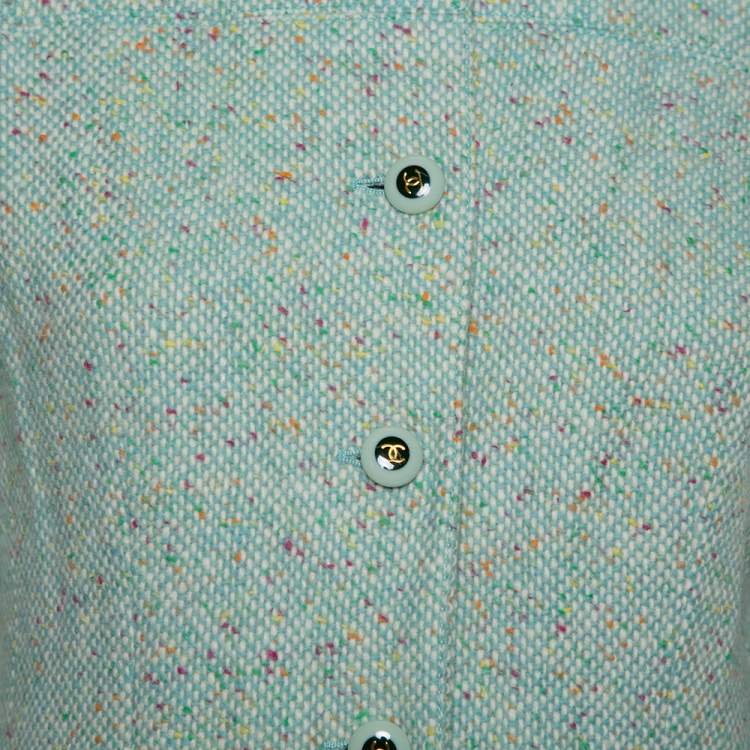 Pre Owned Chanel Mint Green Tweed Button Front Jacket L