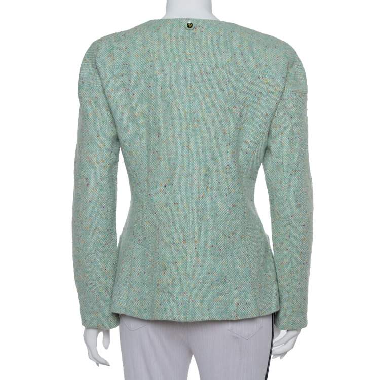 Pre Owned Chanel Mint Green Tweed Button Front Jacket L