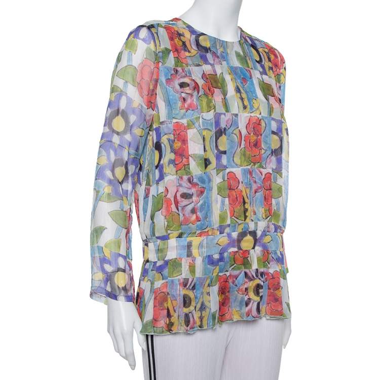 Pre Owned Chanel Multicolor Silk Pleated Detail Top L