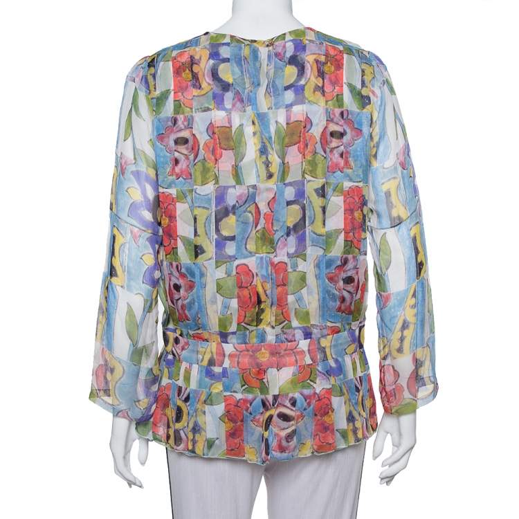 Pre Owned Chanel Multicolor Silk Pleated Detail Top L