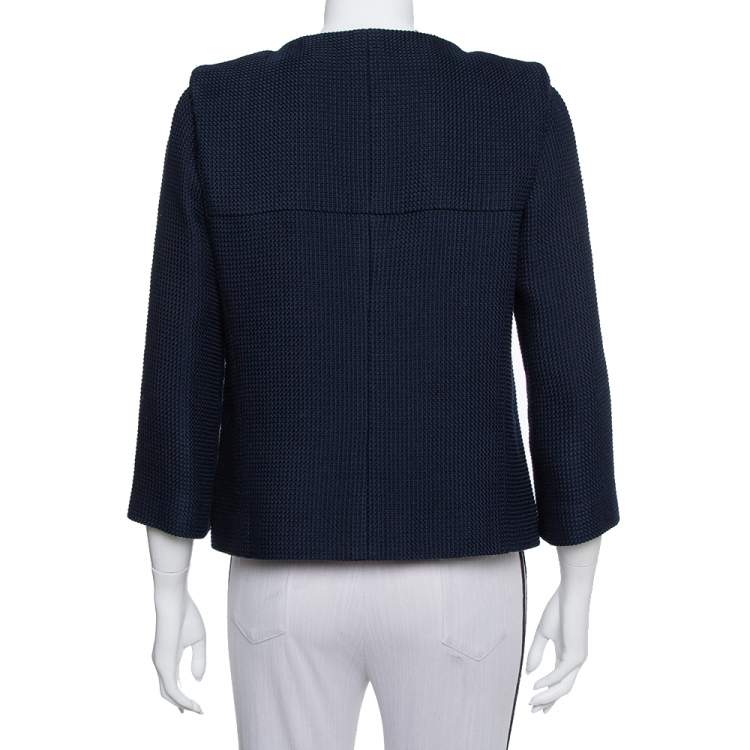Pre Owned Chanel Navy Blue Tweed Button Front Jacket L