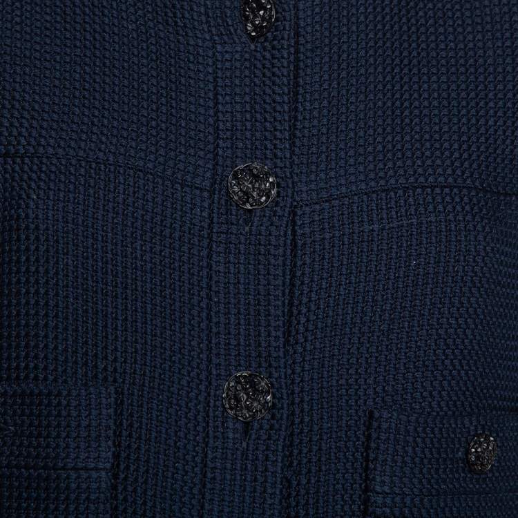 Pre Owned Chanel Navy Blue Tweed Button Front Jacket L