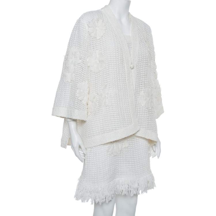 Pre Owned Chanel White Mesh Applique Detail Sleeveless Short Dress & Bell Sleeve Button Front Jacket M