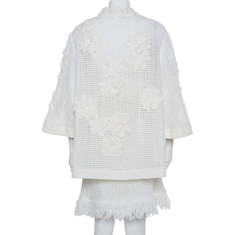 Pre Owned Chanel White Mesh Applique Detail Sleeveless Short Dress & Bell Sleeve Button Front Jacket M