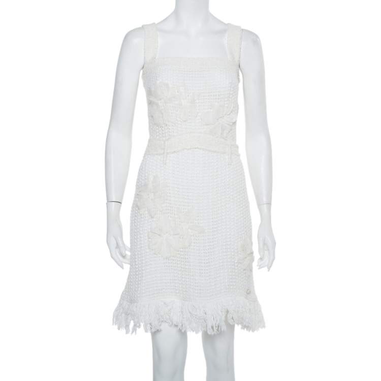 Pre Owned Chanel White Mesh Applique Detail Sleeveless Short Dress & Bell Sleeve Button Front Jacket M