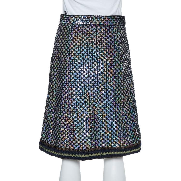Pre Owned Chanel Black Knit Sequin Embellished Skirt M