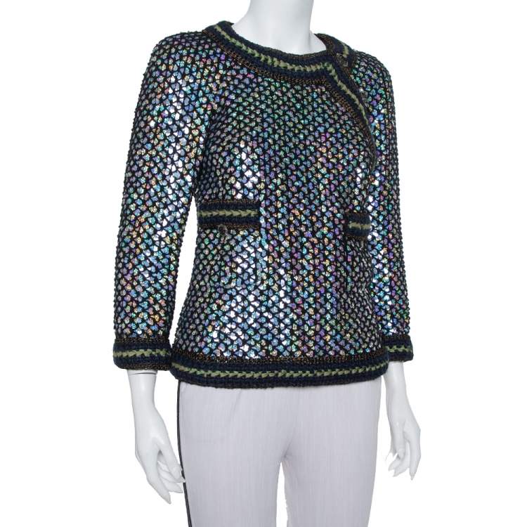 Pre Owned Chanel Black Knit Sequin Embellished Jacket M