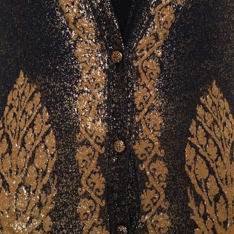 Pre Owned Chanel Black & Gold Printed Jacquard Knit Button Front Long Cardigan S