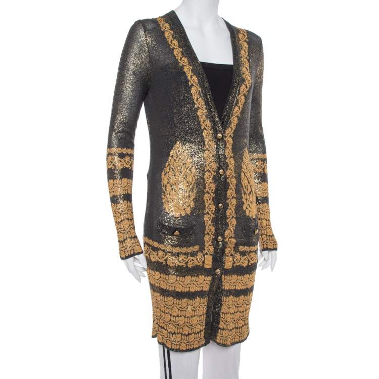 Pre Owned Chanel Black & Gold Printed Jacquard Knit Button Front Long Cardigan S