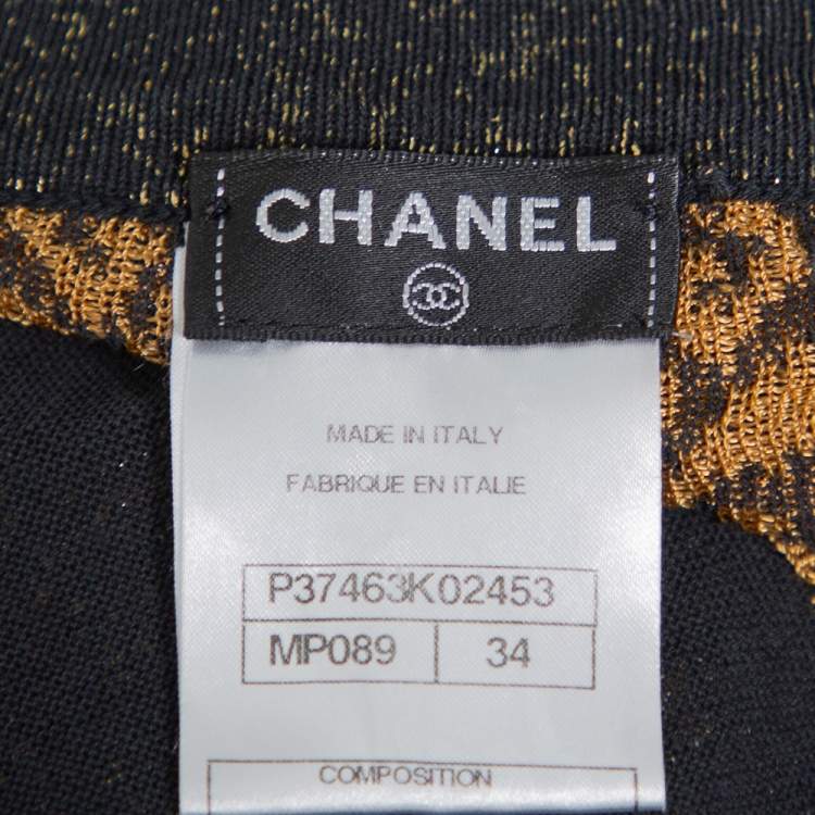 Pre Owned Chanel Black & Gold Printed Jacquard Knit Button Front Long Cardigan S