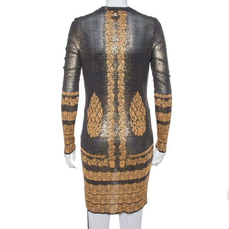 Pre Owned Chanel Black & Gold Printed Jacquard Knit Button Front Long Cardigan S