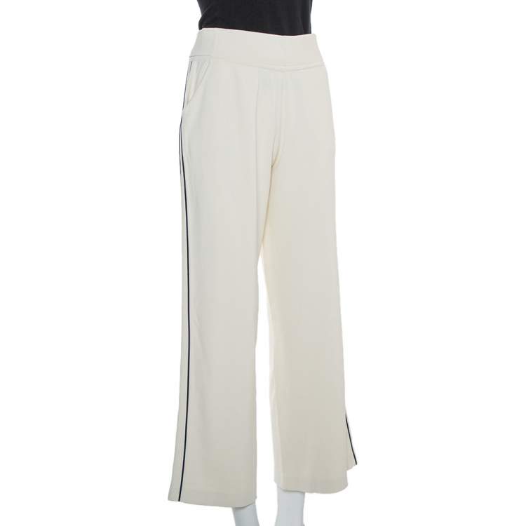 Pre Owned Chanel Cream Knit Side Stripe Detail Wide Leg Trousers M