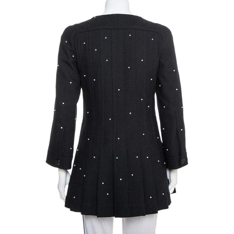مملوكة مسبقًا Chanel Black Wool Bead Embellished Pleated Detail Button Front Long Jacket M