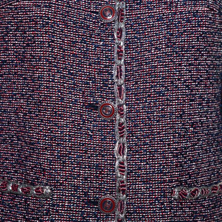 Pre Owned Chanel Red & Blue Tweed Button Front Jacket XL
